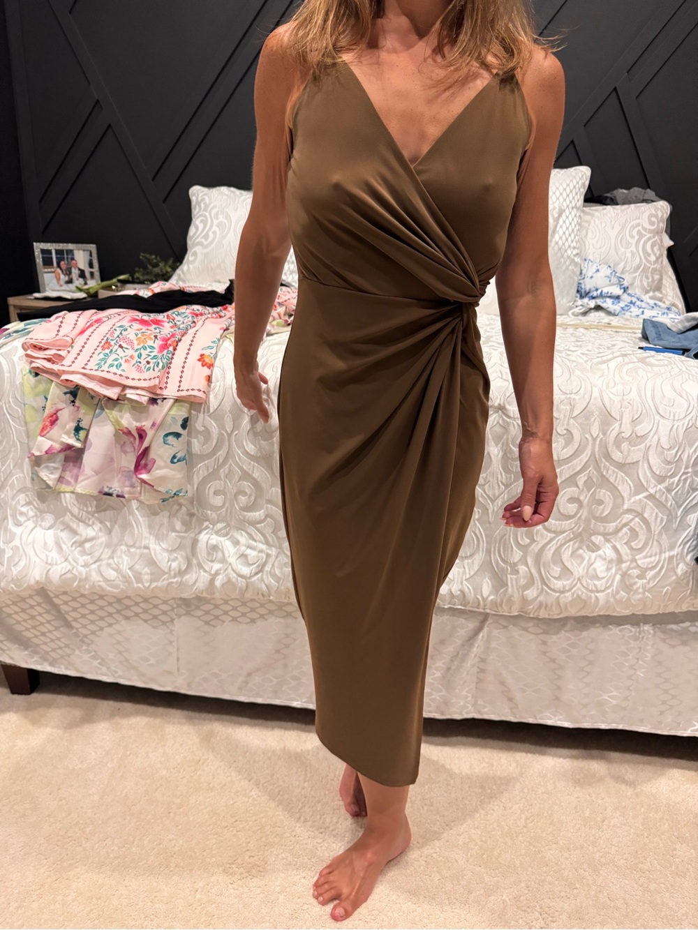 Open Edit Sleeveless Twist-Front Midi Dress in Olive Brown